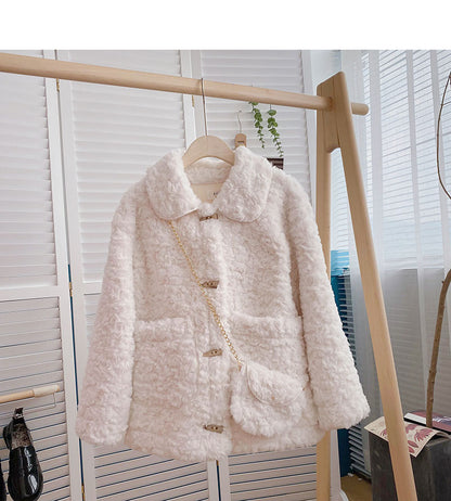 Korean thickened loose lamb wool one-piece coat small ox horn button top  6226