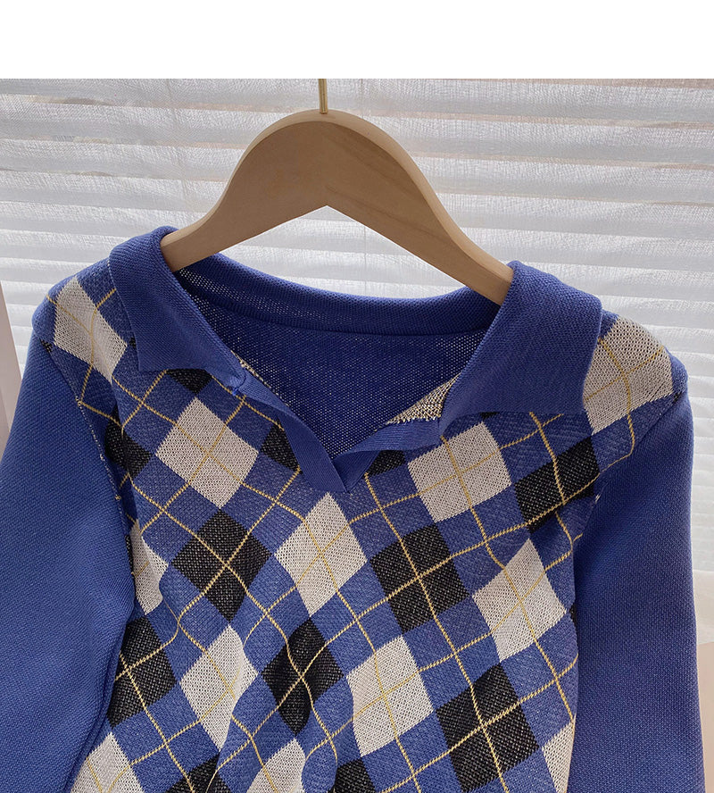 Plaid long sleeve sweater small short Pullover Top  6653