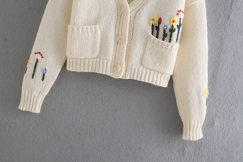 French sweet V-Neck long sleeve flower jacquard sweater knitted coat  7201
