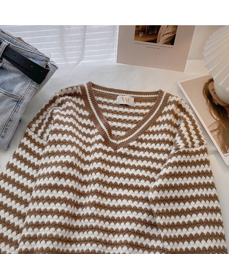 Stripe color contrast V-neck Pullover long sleeve temperament sweater 6000