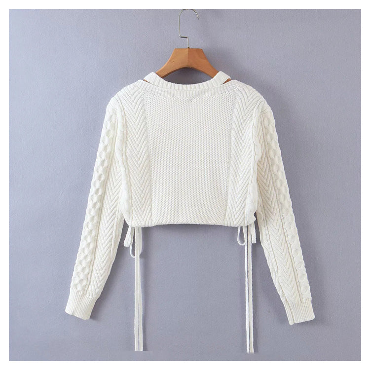 Collarbone hollow long sleeve knitted sweater  7234