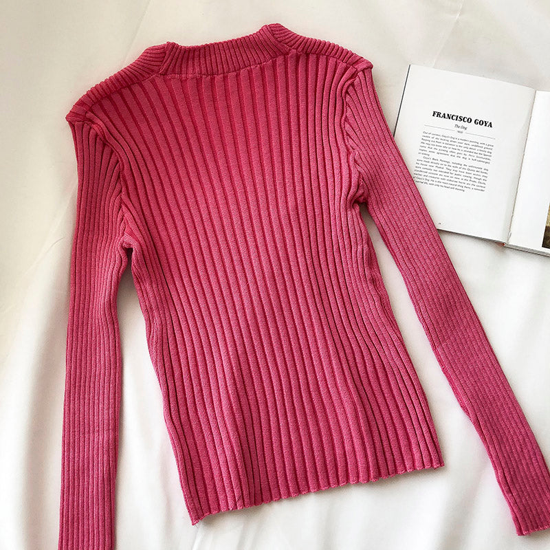 V-neck slim long sleeve slim fit net red pit strip sweater women  6501