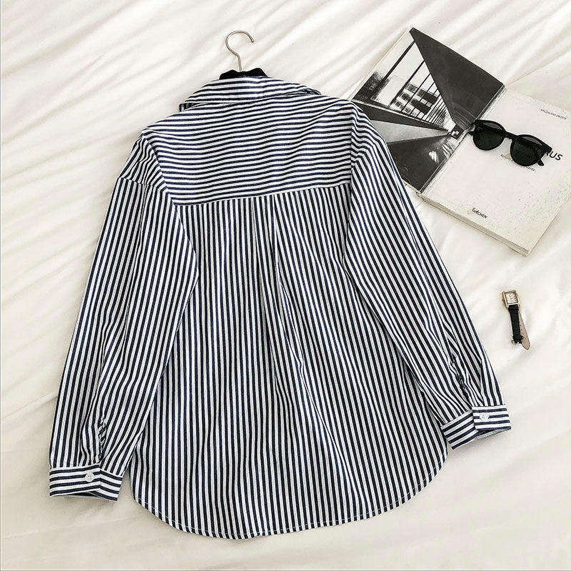 Simple striped single breasted contrast fake two loose long sleeved women's shirt  6244