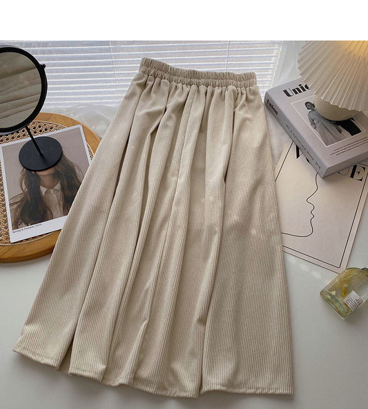 Simple high waist corduroy A-shaped medium length skirt  5784