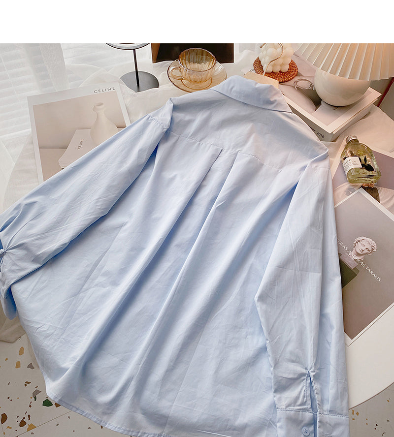 Solid long sleeve shirt versatile simple Lapel cardigan top  6417