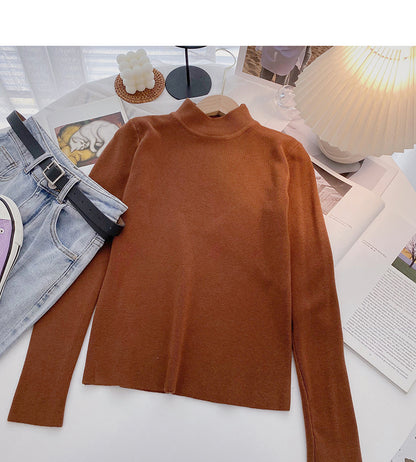 Einfarbiger, einfacher und vielseitiger Stehkragen-Pullover mit langen Ärmeln, Strickoberteil 6655