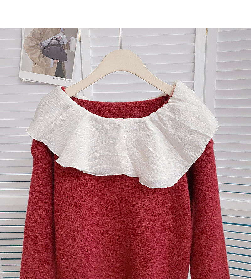 Color contrast doll neck long sleeve Pullover Sweater  6194