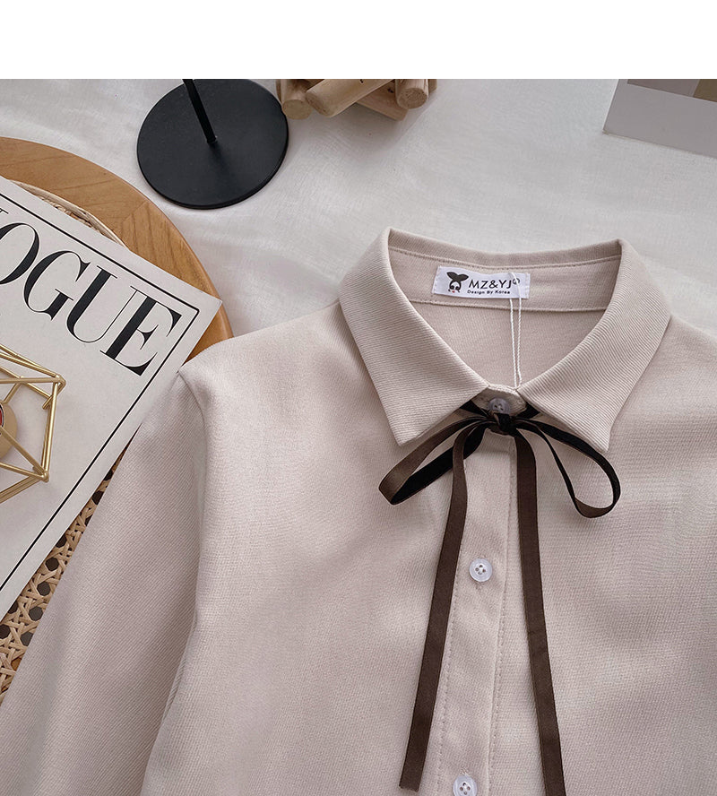 Collegiate lace up Lapel shirt casual long sleeve top  6356