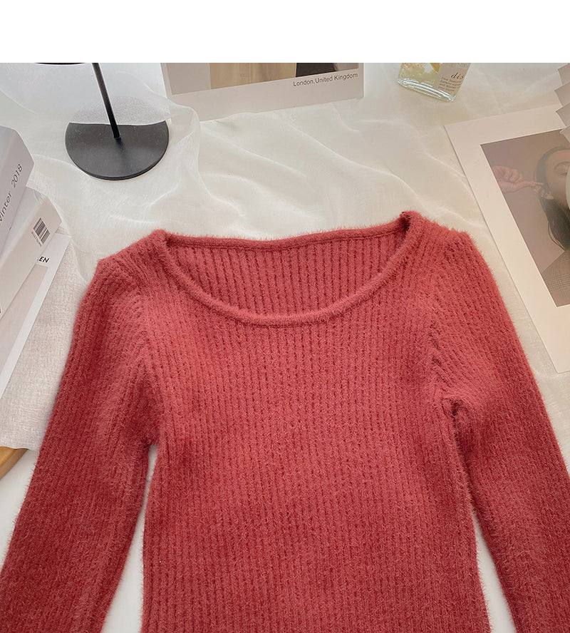 Design sense knitwear short irregular long sleeve top  6614