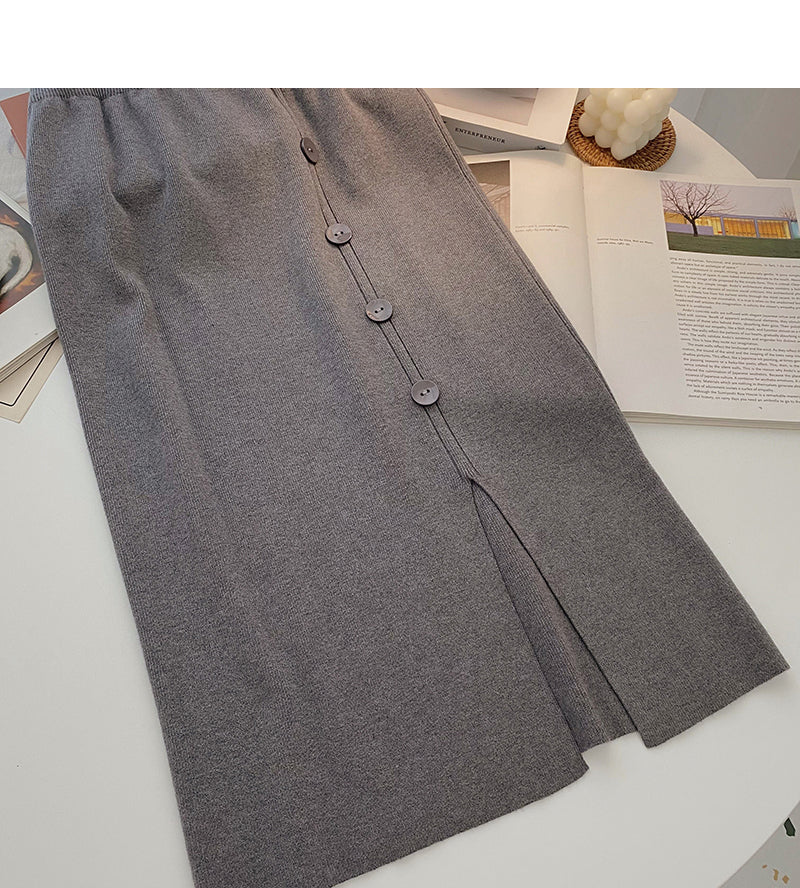 Design sense single breasted split A-line slim Knit Skirt  5741