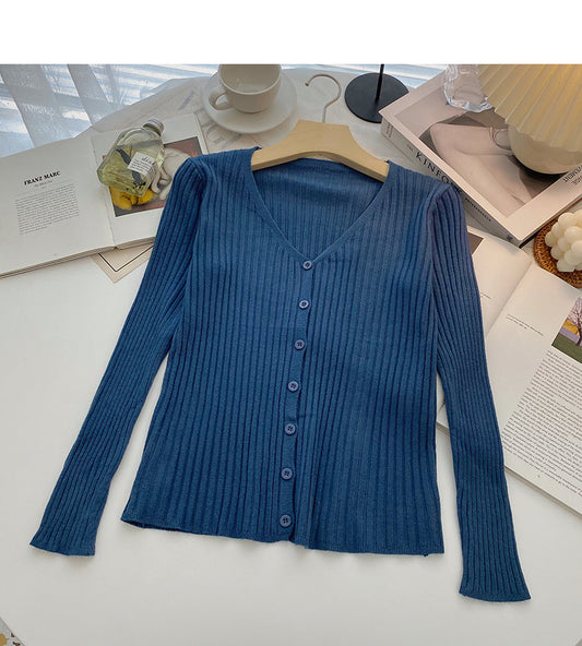 Knit cardigan slim slim V-Neck long sleeve top  6514