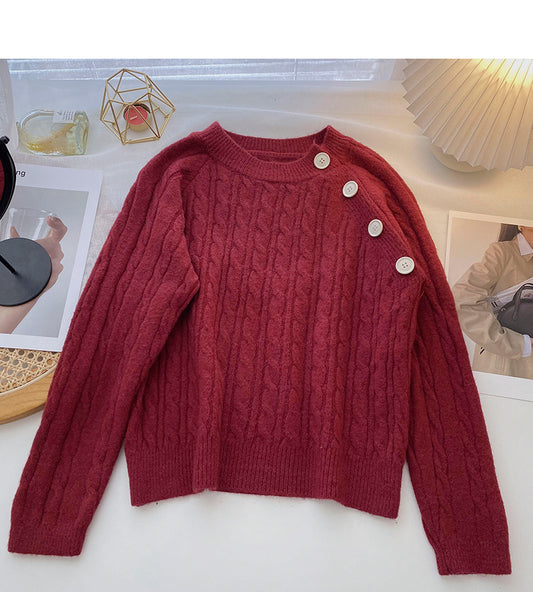 Personalized diagonal button round neck Pullover Top  6108