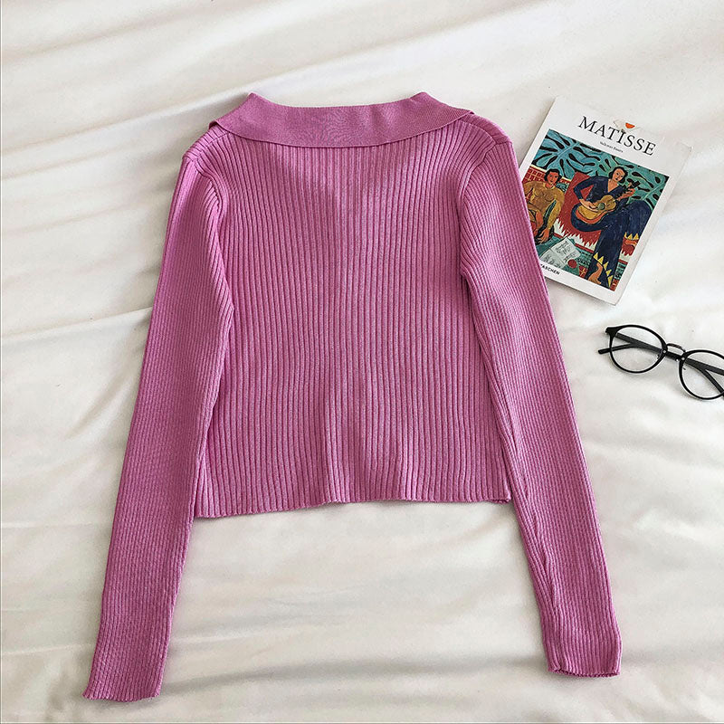 Women's fashion Lapel long sleeve short open navel sweater  6544