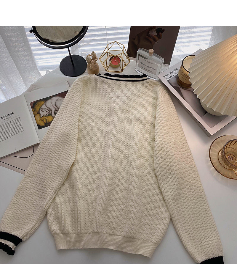 Xiaoxiangfeng color matching round neck sweater cardigan female  6011