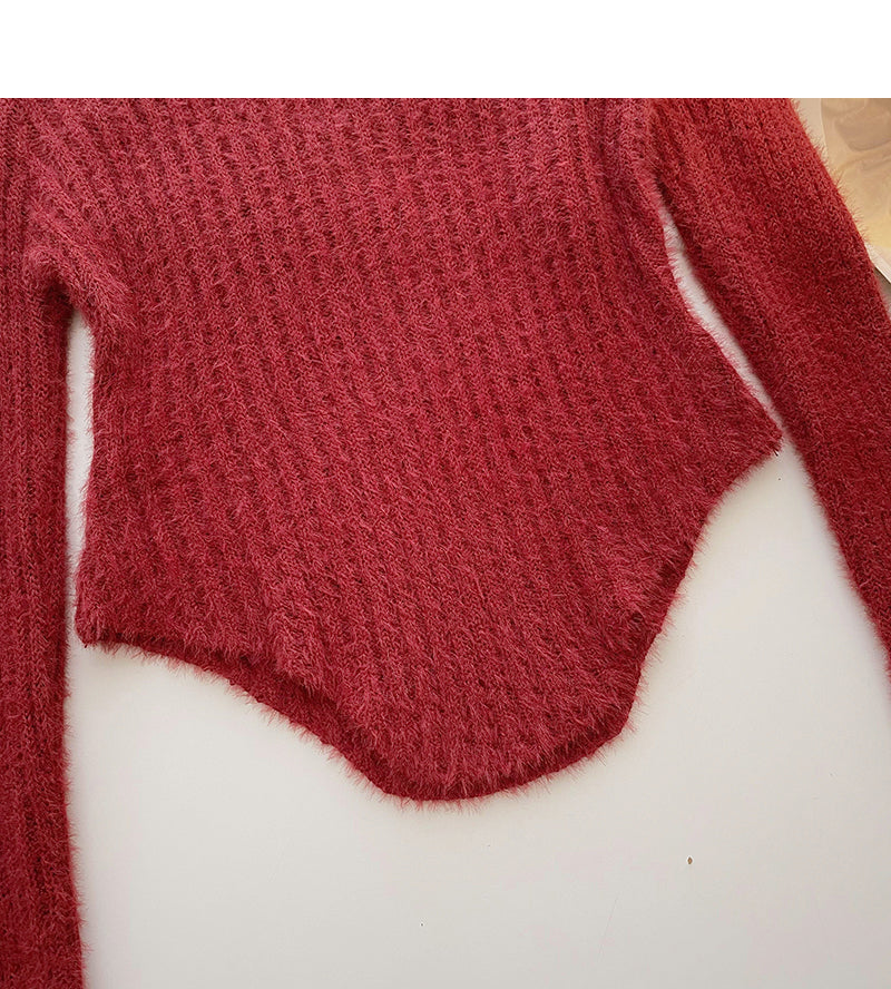 Korean round neck hollowed out irregular slim fitting short sweater  6089