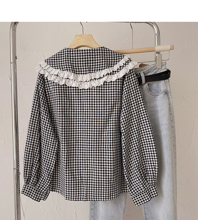 Lace Baby collar shirt Korean version thin and foreign style single breasted top  6435