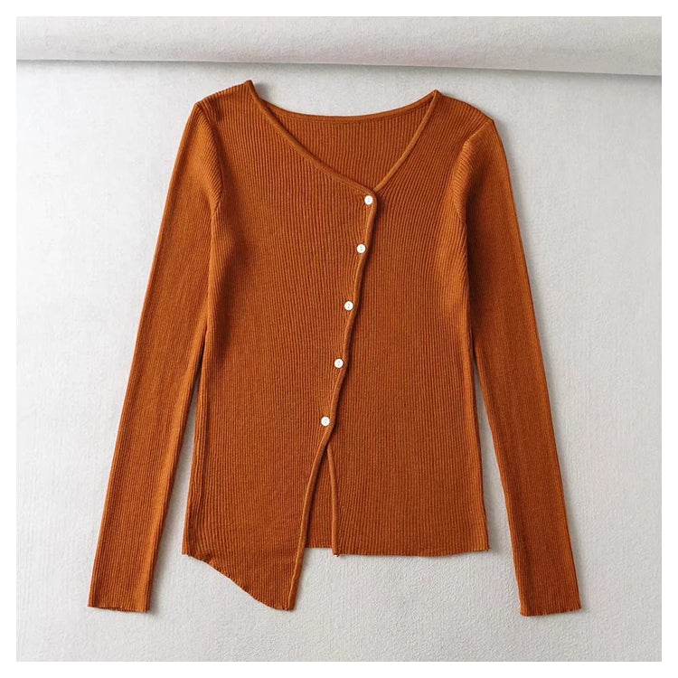 V-neck button irregular slim long sleeved sweater  7465