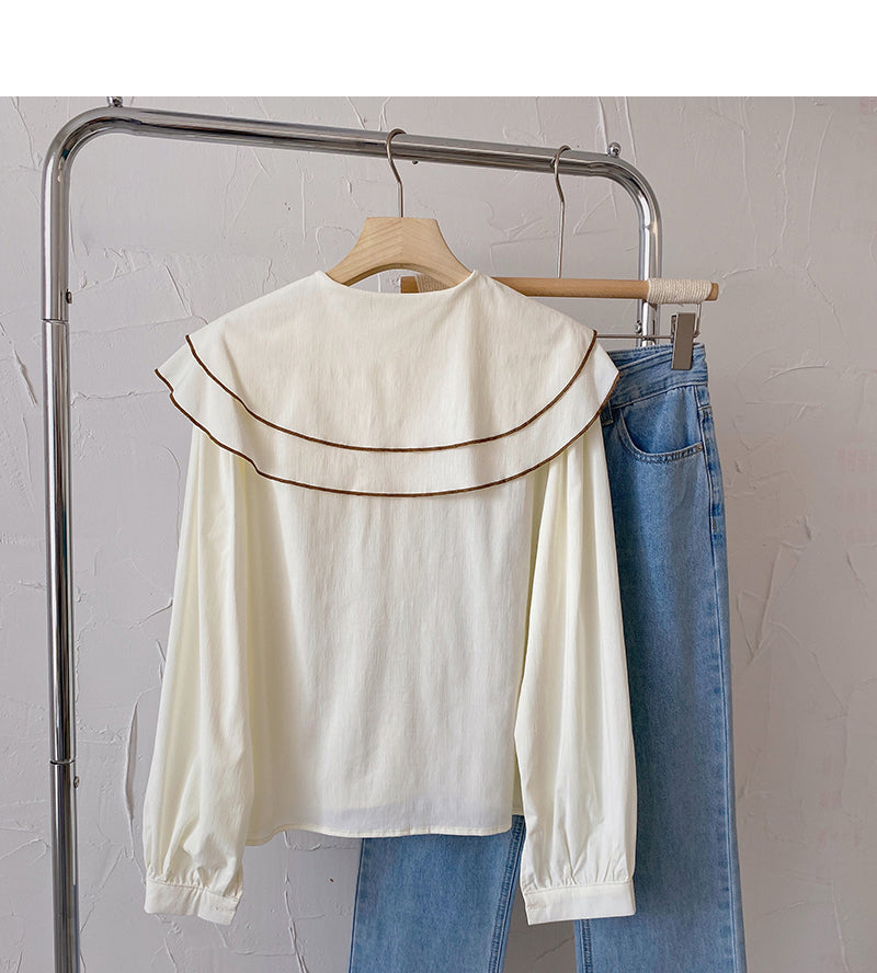 Baby collar long sleeve Vintage shirt casual loose top fashion  6431