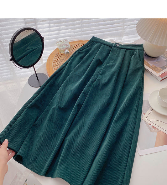 Hong Kong style leisure solid color high waist corduroy dress  5776