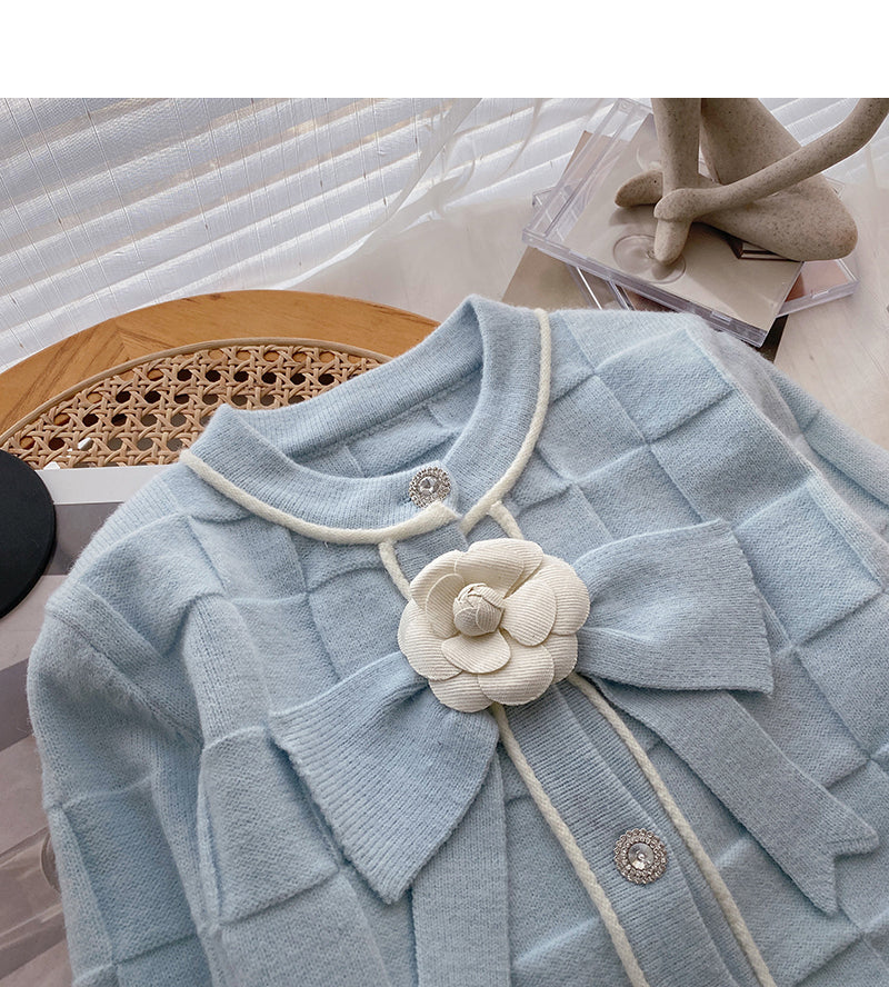 Xiaoxiang style pattern short sweater coat bow flower long sleeve top  6190