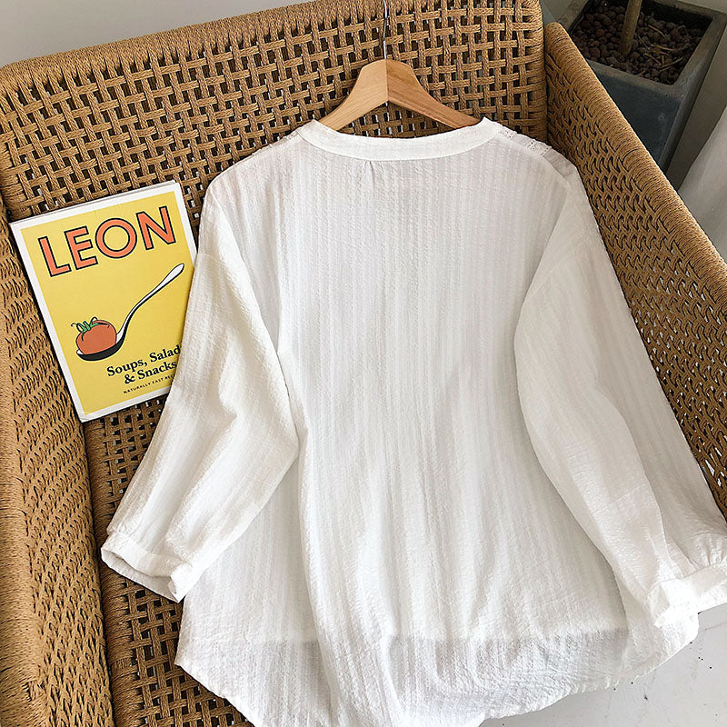 Lace stitched loose cotton linen long sleeved baby blouse  6231