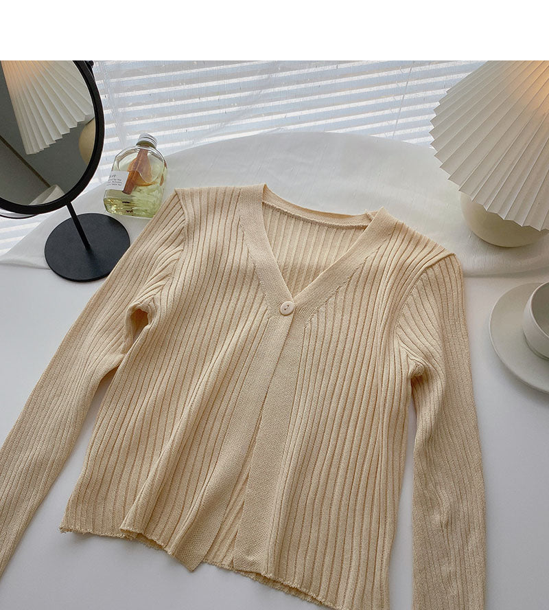 Candy V-neck one button cardigan versatile long sleeve short top  6534
