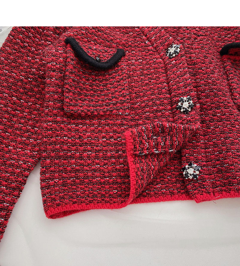 Small fragrance retro red sweater cardigan female  6052
