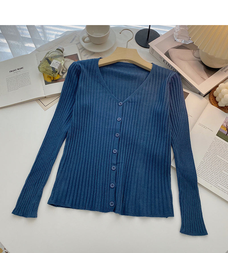 Knitted cardigan women's fashion versatile V-Neck long sleeve top  6558