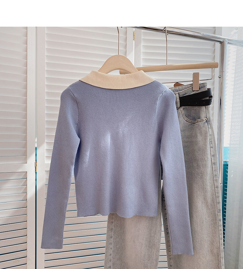 Color blocking slim fit short sweater casual slim long sleeve  6685