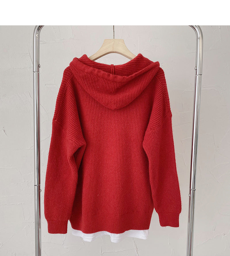 Sweater women's lazy style retro loose long sleeve hooded fake two-piece top  6197