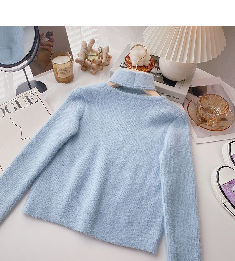Nerzimitat-Pullover in reiner Farbe mit hohlem Halsausschnitt 6061