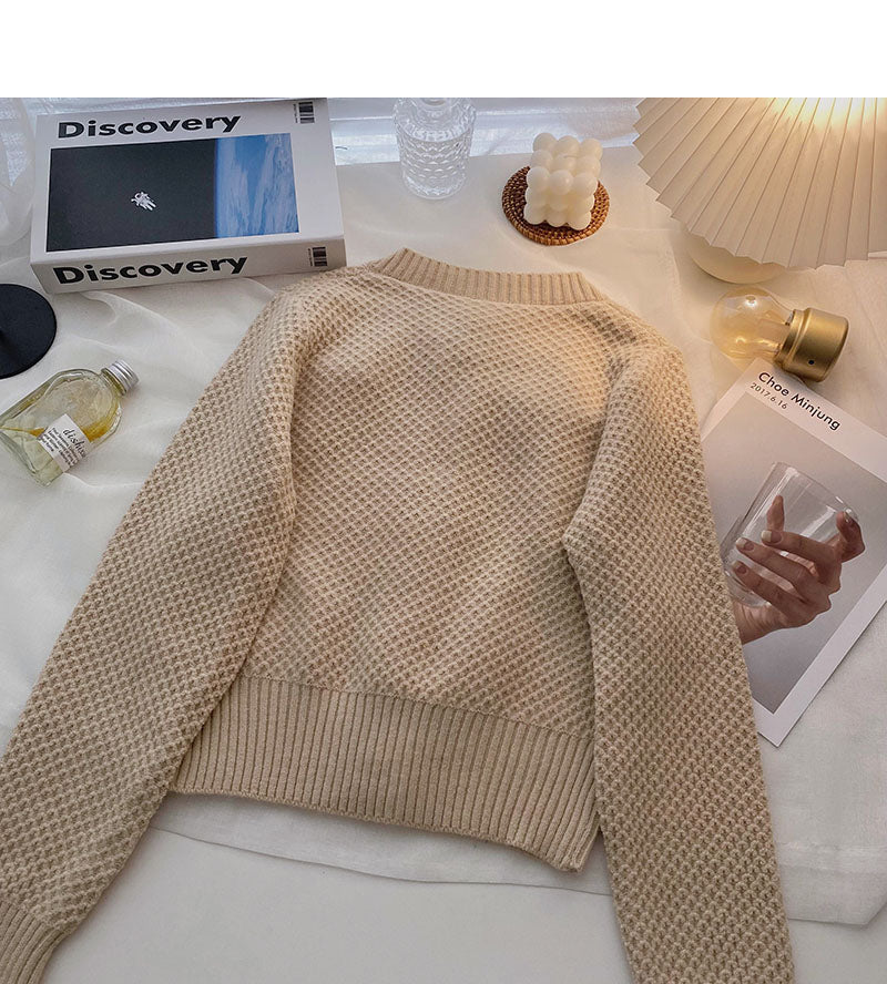 Temperament solid color thin long sleeve short top  5860