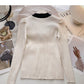French square neck contrast thin long sleeve sweater  6625