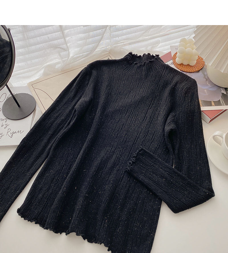 Stand collar long sleeve design slim fit bright silk sweater  6582