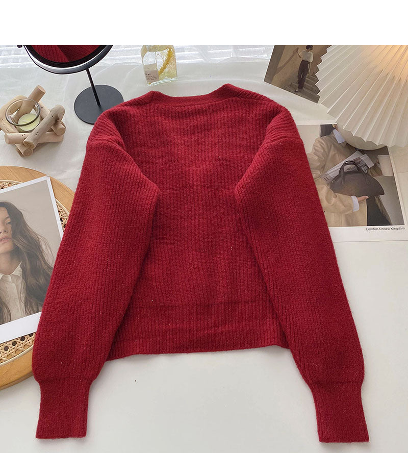 Solid V-Neck long sleeve bright silk sweater coat  6041