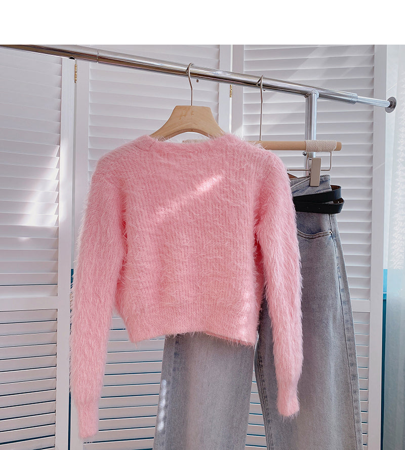 Mohair sweater solid V-neck short long sleeve top  6063