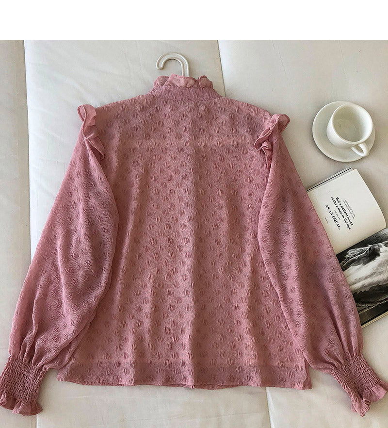 Round neck single breasted chiffon blouse with fungus edge  6258