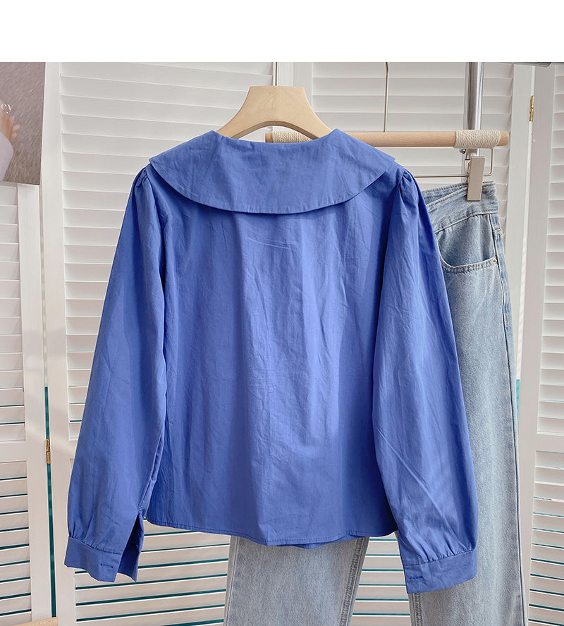 Baby collar solid color long sleeve shirt looks thin and versatile top  6372