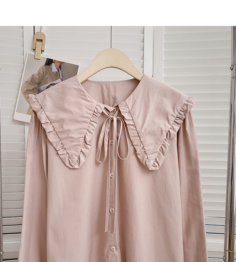 Solid long sleeved shirt with baby collar lace tie top  6432