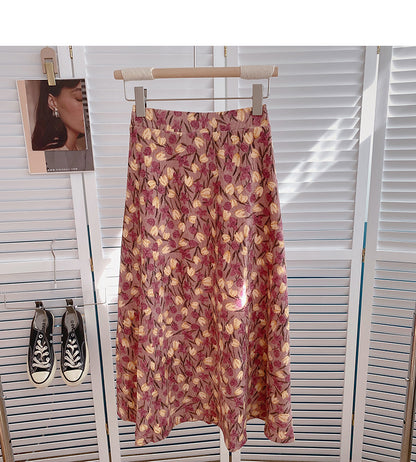Sweet high waist floral mid length skirt design  5800