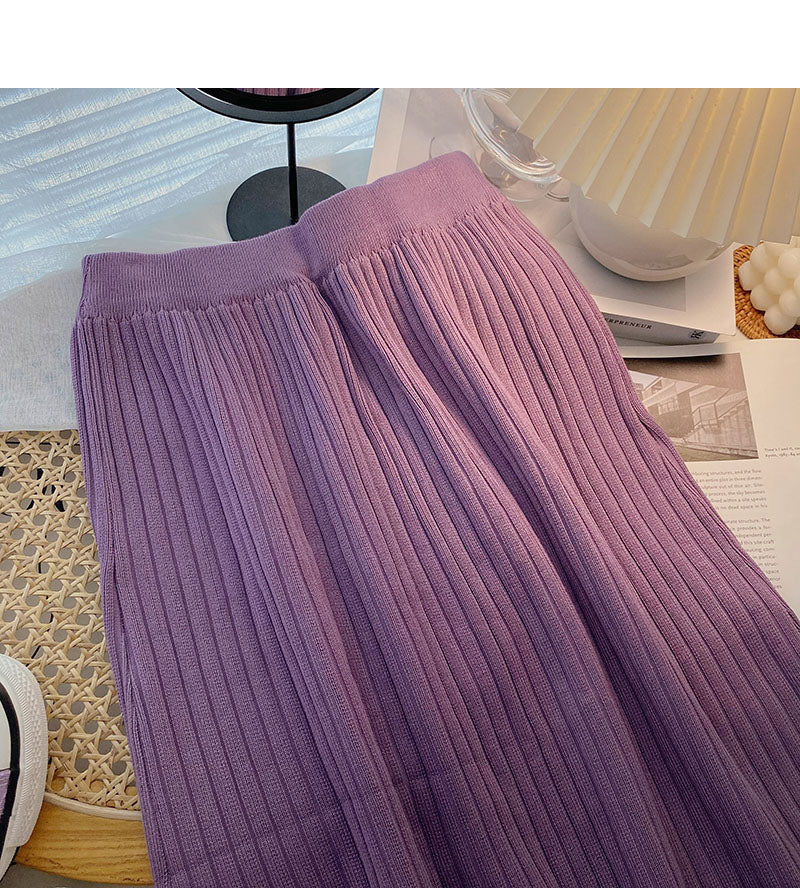 Simple solid color high waist knitted thread A-line skirt  5750