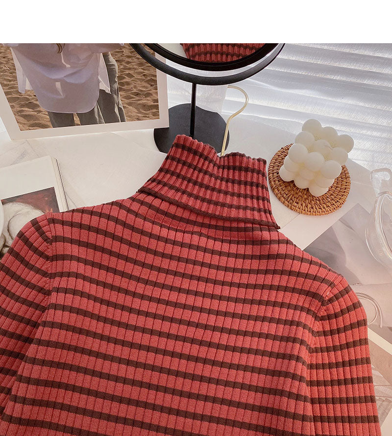 High neck stripe bottomed long sleeve top popular sweater  6652