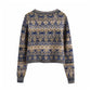 Sweater coat women's cardigan square neck Vintage contrast jacquard long sleeve knitting  7159