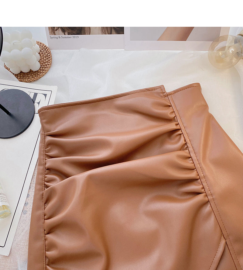 Irregular pleated design, slim wrap hip leather skirt  5507