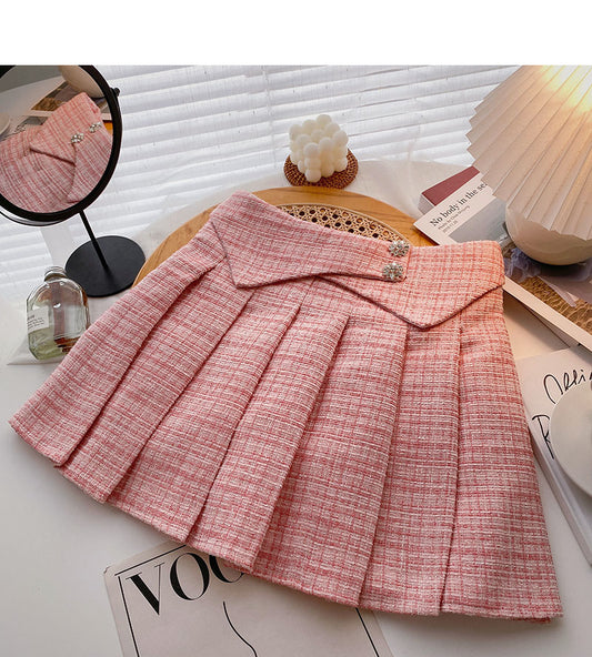 Korean version design shows thin high waist tweed A-shaped plaid skirt  5502