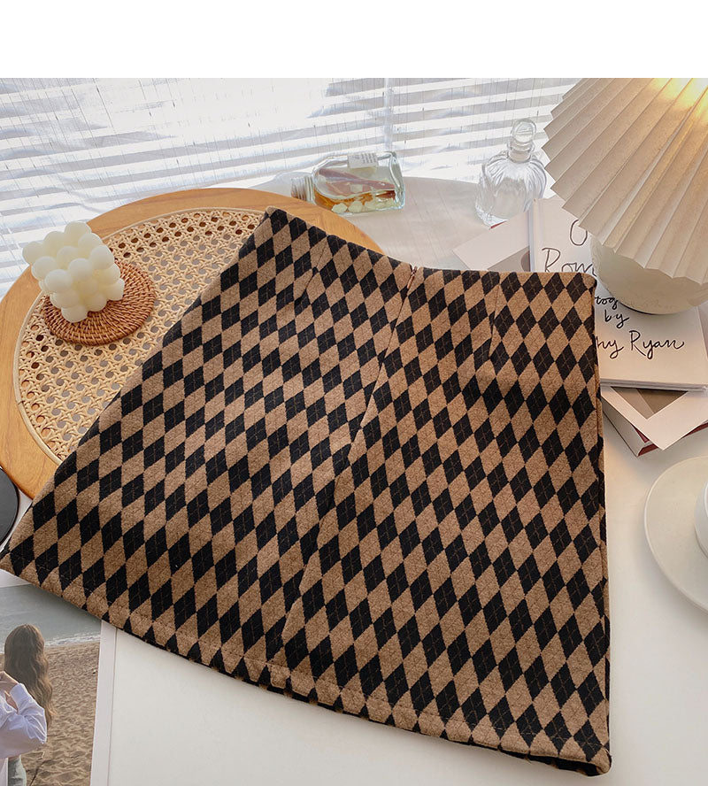 Retro fashion color blocking lattice thin a-word high waist skirt  5463