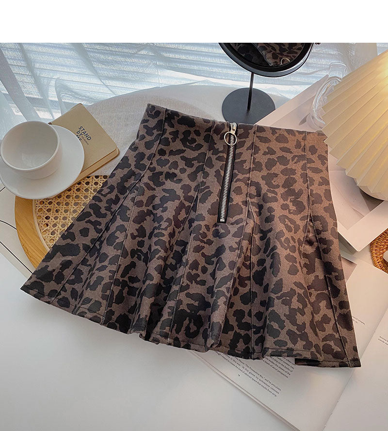 Design sense personalized fashion zipper high waist A-line leopard skirt  5448