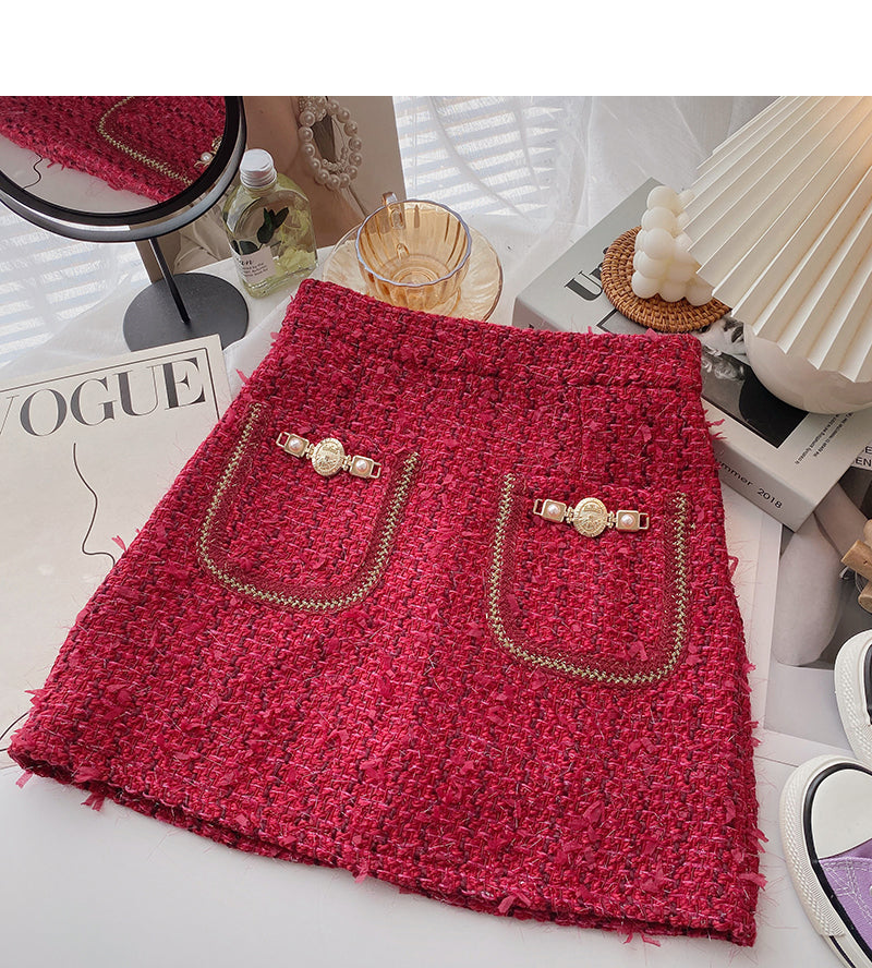 Small fragrant woolen skirt, Hong Kong Style Plaid high waist A-shaped short skirt  5363