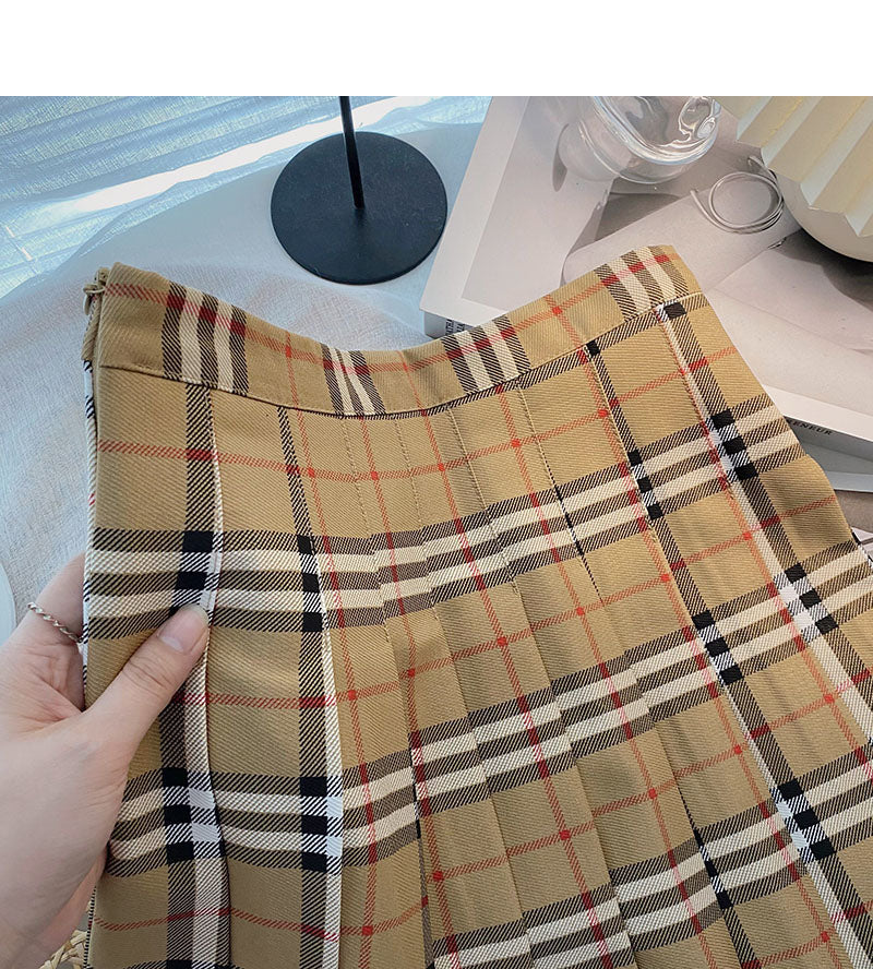 Plaid pleated skirt women's age reducing high waist A-line skirt  5435