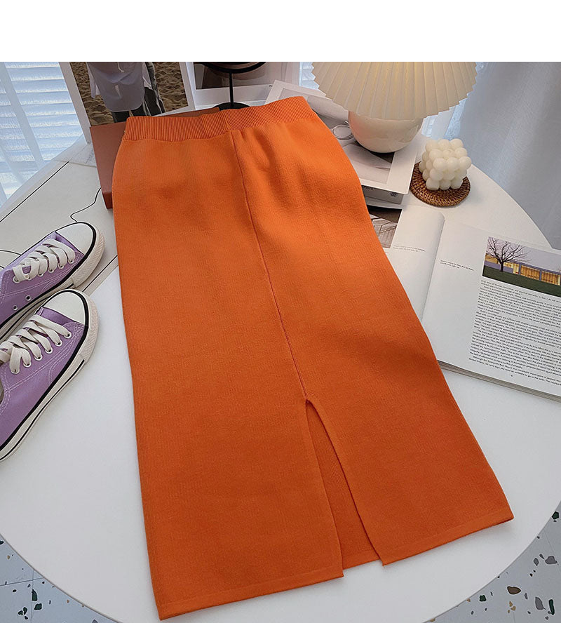 Hong Kong Style thin high waist split A-shaped medium and long skirt  5770
